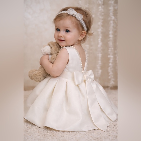 Janie and Jack Other - Gorgeous Satin Baby Girl Toddler Dress Ivory Flower Girl Bow Pearls Open Back